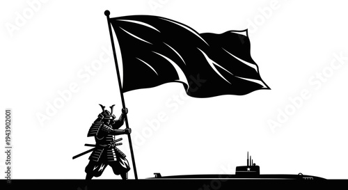 Samurai Warrior with Black Flag and Submarine Silhouette