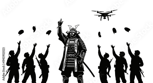 Samurai Warrior with Drone and Soldiers, Modern Warfare Concept