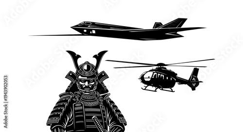 Samurai Warrior, Stealth Jet, and Helicopter: A Fusion of Tradition and Modern Warfare