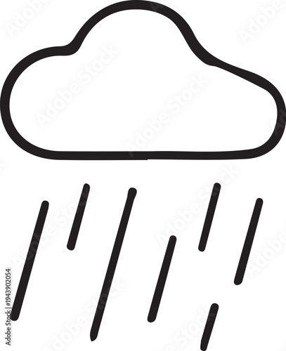 A simple black and white illustration of a rain cloud with falling raindrops
