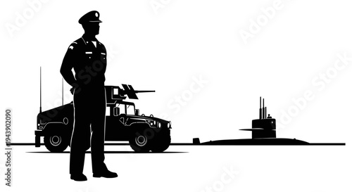 Security Guard, Military Vehicle, and Submarine Silhouette - Defense and Protection Concept