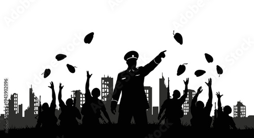 Silhouette of a leader and cheering crowd against a destroyed city skyline