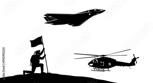 Silhouette of Soldier Planting Flag with Jet and Helicopter in Sky