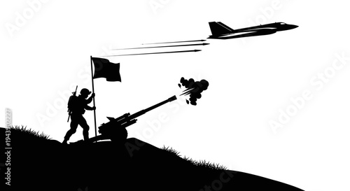 Silhouette of soldier with cannon firing and jet fighter in sky, war concept