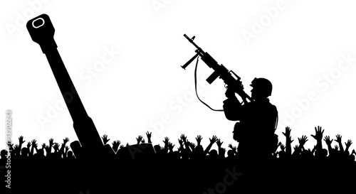 Silhouette of soldier with gun and tank barrel over crowd raising hands