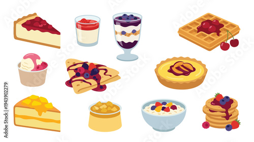 A vibrant collection of delicious desserts and breakfast items, including cheesecake, waffles, crepes, tarts, ice cream, and fruit parfaits, artfully arranged.
