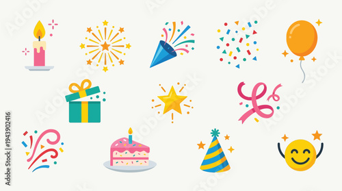 A vibrant collection of colorful birthday party icons, including a candle, fireworks, party popper, confetti, balloon, gift box, star, ribbon, cake, party hat, and a happy emoji.