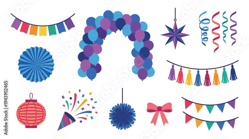 A vibrant collection of party decorations including balloon arches, banners, streamers, confetti poppers, and lanterns.