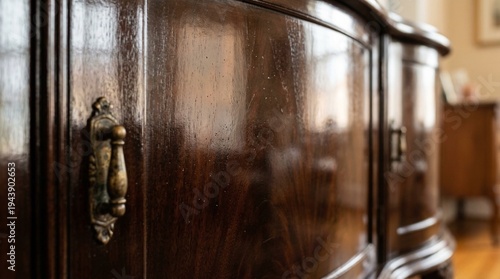 Close-up of an antique dark wood buffet with ornate brass hardware, showcasing intricate details and rich patina of aged furniture