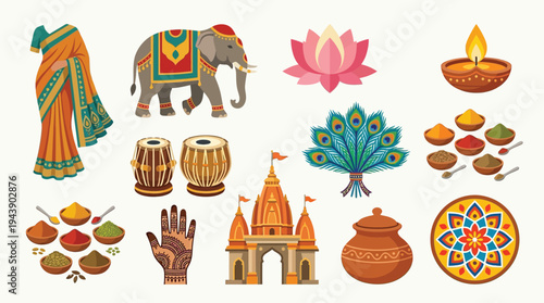 A vibrant collection of Indian cultural symbols including a sari, elephant, lotus flower, diya lamp, tabla drums, peacock feather, spices, temple, henna hand, and rangoli.