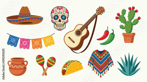 A vibrant collection of traditional Mexican cultural symbols and elements, including a sombrero, sugar skull, guitar, and taco.
