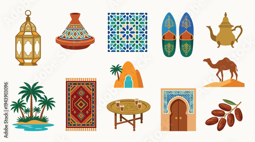 A vibrant collection of Moroccan cultural icons, including a lantern, tagine, rug, camel, and dates, set against a neutral background.