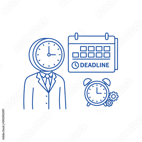 Business Man With Clock Head And Deadline Calendar.