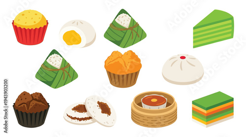 A vibrant collection of assorted Asian desserts and pastries, including steamed buns, cakes, and sweet treats, presented in a visually appealing arrangement.