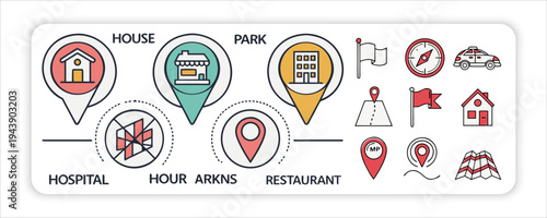 Flat Line Icons Set for Transportation, Communication, and World Map and Globe Map Icons Set Location Line Icons Collection Fantasy Planet