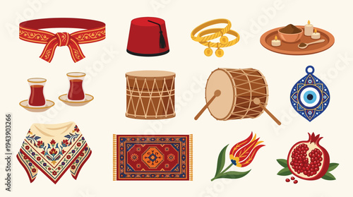 A vibrant collection of traditional Turkish cultural symbols and items, including clothing, musical instruments, decorative objects, and food, presented in a flat illustration style.