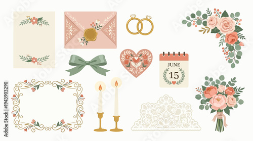 A collection of elegant wedding-themed illustrations including invitations, envelopes, rings, flowers, candles, and a calendar.