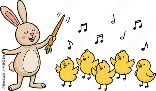 A cartoon rabbit leads five happy chicks in a fun musical performance with carrot conductor.