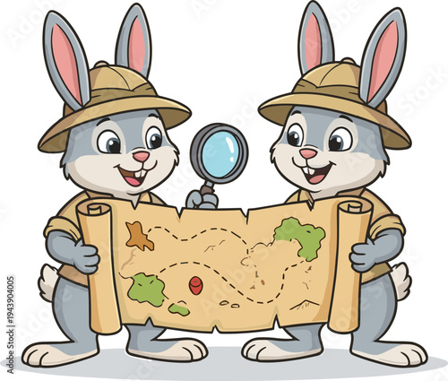 Two cartoon rabbits in hats hold a map and magnifying glass outdoors