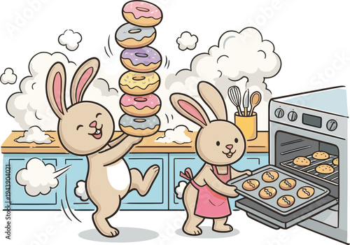 Two rabbits baking and stacking colorful donuts in a kitchen with steam