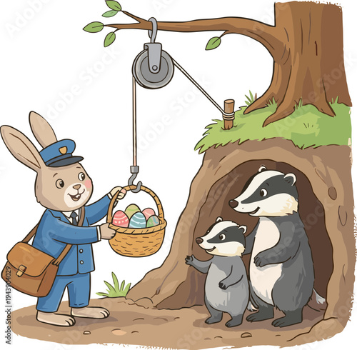A postal rabbit delivers a basket of colorful eggs to a family of badgers.