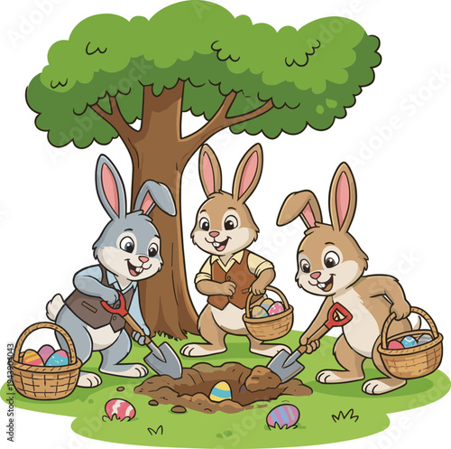 Three rabbits digging under a tree with Easter eggs and baskets