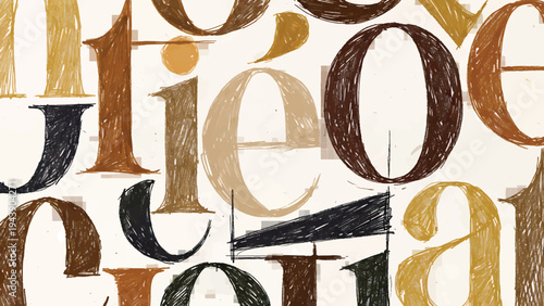 A busy background pattern features various overlapping, hand-drawn letters and numbers in earthy tones.