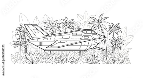 Futuristic Spaceship Hidden in Lush Jungle, Sci-Fi Adventure Concept