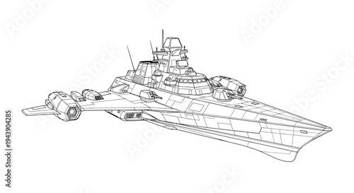 Futuristic Spaceship Blueprint Line Art - Sci-Fi Starship Design