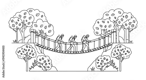 Group of hikers crossing a suspension bridge in a forest, adventure and teamwork