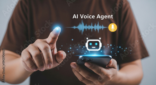 A person interacts with an AI voice agent, symbolized by a digital interface. The image depicts a futuristic concept of human-computer interaction.
