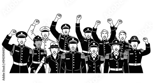 Group of diverse people in military uniforms celebrating with raised fists