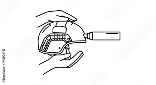 Hands attaching tactical flashlight to tactical helmet with mount