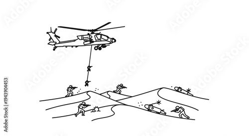 Helicopter dropping soldiers on desert battlefield, military operation, combat scene