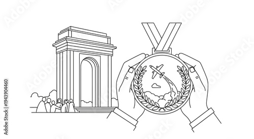 Hands holding award medal with airplane and globe, India Gate in background, achievement concept