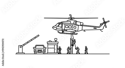 Helicopter rescue operation at security checkpoint with car and barrier