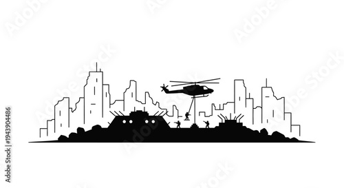 Helicopter Rescues Soldiers from War-Torn City Skyline Silhouette