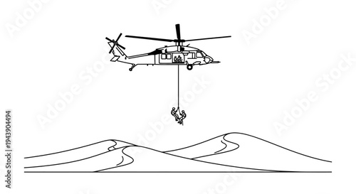 Helicopter rescue operation over desert sand dunes with soldiers rappelling down