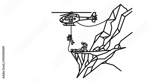 Helicopter rescue operation on a steep mountain cliff with rescuers saving an injured person.