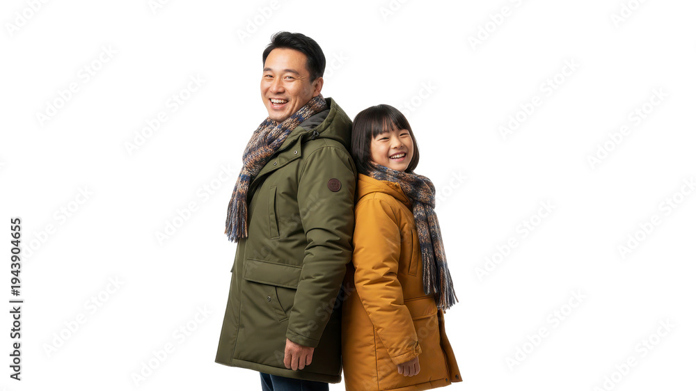 Fototapeta premium Father and daughter in winter coats smiling