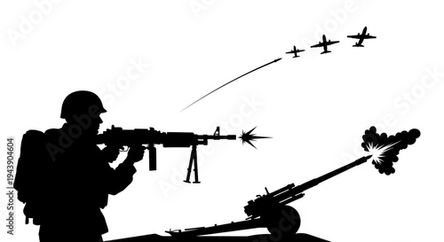 Silhouette Soldier Firing Machine Gun at Airplanes, Artillery Firing