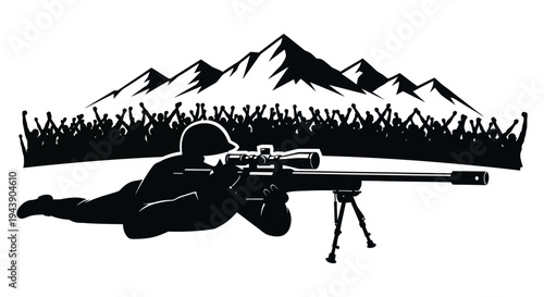 Silhouette Sniper Soldier Aiming Rifle with Crowd and Mountains Background