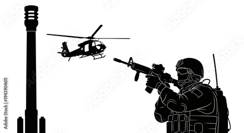 Silhouette Soldier Aiming Rifle at Helicopter Near Tower, Military Action Scene