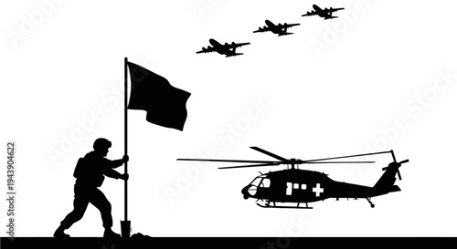 Silhouette Soldier Raising Flag with Military Aircraft and Helicopter