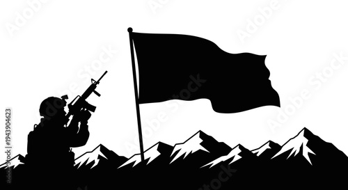 Silhouette Soldier Raising Flag on Mountain Peak, Victory, Patriotism, Military Triumph