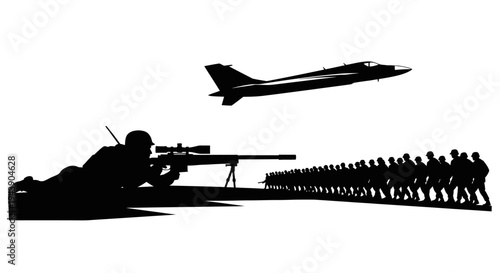 Silhouette Soldier Sniper Aiming at Marching Army Troops with Fighter Jet Flying Overhead