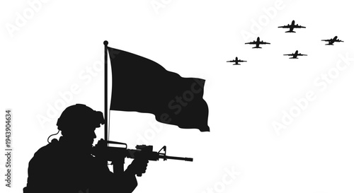 Silhouette Soldier with Rifle and Flag, Fighter Jets Flying in Formation