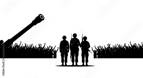 Silhouette Soldiers and Cannon with Cheering Crowd, Military Victory, Patriotism, Celebration