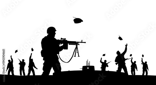 Silhouette Soldiers Celebrate Victory, Throwing Helmets in the Air