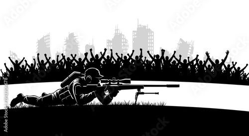 Sniper aiming at destroyed city with cheering crowd, war, conflict, survival